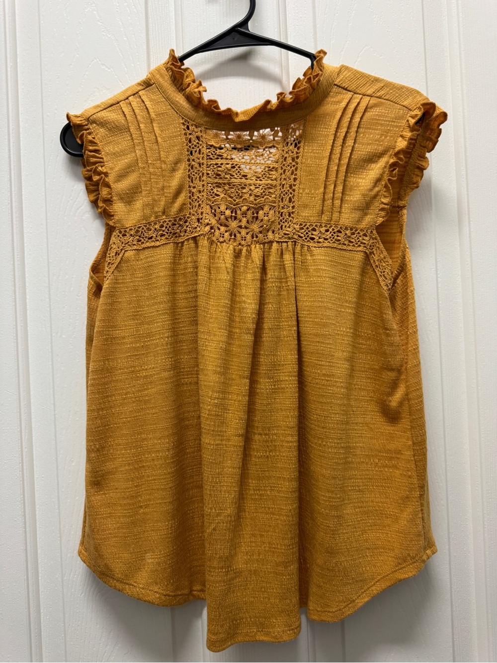 Cable & Gauge Mustard Crochet Yoke Ruffle Sleeve Top